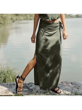 Zara Olive Wrap Maxi Skirt with Side Tie